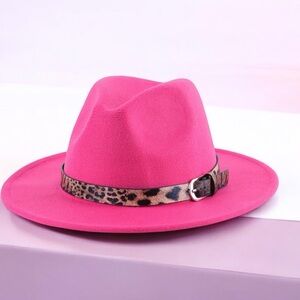 🔥 🔥HOT🔥🆕Classy Pink Fedora Hat with Leopard Print Band Belt